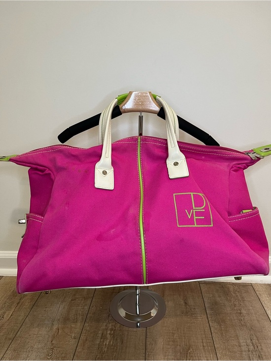 Diane Von Furstenberg Handbags - DVF Diane von Furstenberg Pink Lime Green Canvas Weekender Travel Duffel Bag